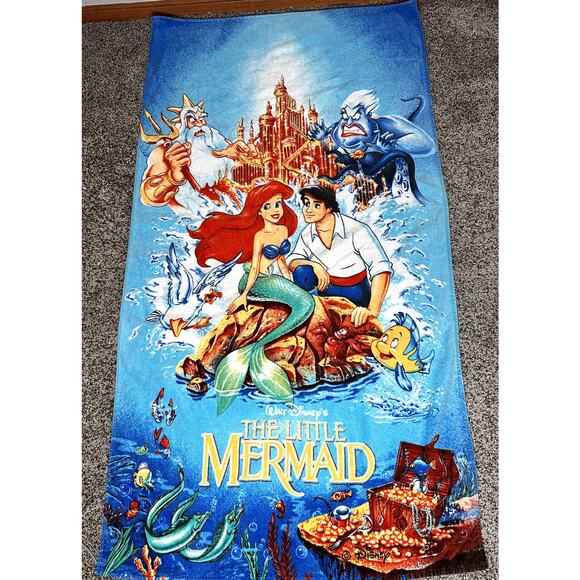 Disney The Little Mermaid Vintage 1990 Cotton Beach Towel Retro - Rare 60"x32" - Picture 1 of 5
